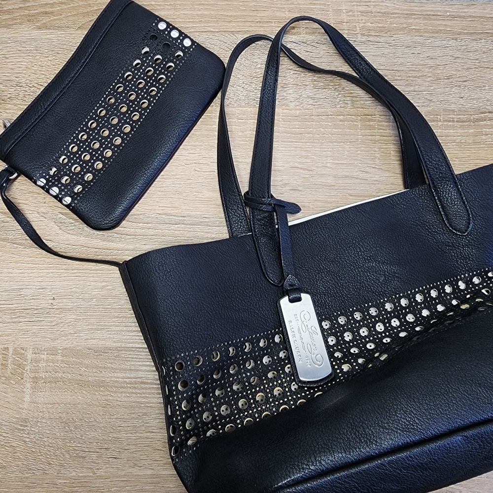LAUREN RALPH LAUREN Leighton Shopper Tote Black Perforated Leather Purse Bag